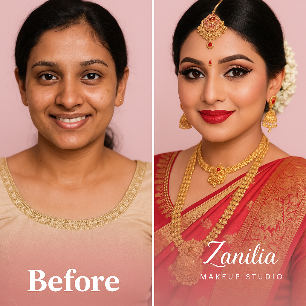 Before and after bridal makeover Kerala Nancy Sethumadhavan